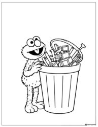 Cookie Monster with overflowing trash can coloring page