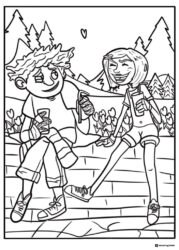Coraline and Wybie with drinks Coloring Page