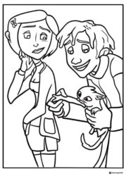 Coraline and Wybie with kitten Coloring Page