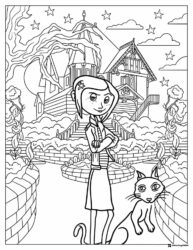 Coraline and cat by house Coloring Page