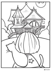 Coraline and cat facing house Coloring Page