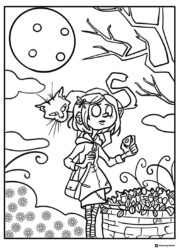 Coraline and cat under moon Coloring Page