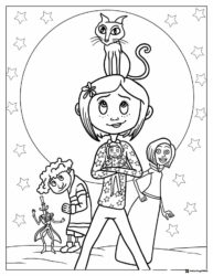 Coraline and friends with cat Coloring Page