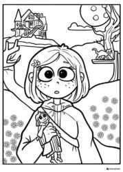 Coraline holding doll with house Coloring Page