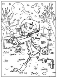 Coraline in graveyard with pumpkins Coloring Page