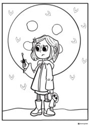Coraline with key and doll under moon Coloring Page