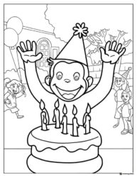 Curious George Birthday Party Coloring Page with Cake