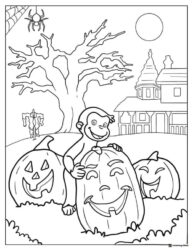 Curious George Halloween Coloring Page with Pumpkins