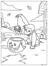 Curious George Halloween spider and pumpkin coloring page