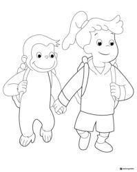 Curious George and girl with backpacks coloring page