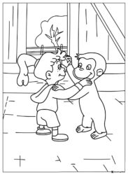 Curious George and kid playing together coloring page