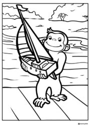 Curious George coloring page holding a toy sailboat
