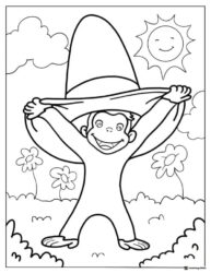 Curious George coloring page holding big yellow hat