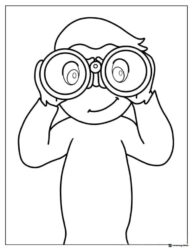 Curious George coloring page holding binoculars