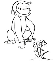 Curious George coloring page observing flowers