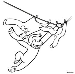 Curious George coloring page on clothesline