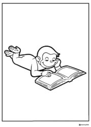 Curious George coloring page reading a book