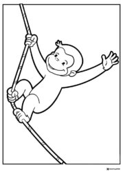 Curious George coloring page swinging on a rope