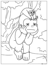 Curious George coloring page with a sloth on his head