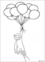 Curious George coloring sheet holding balloons