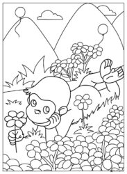 Curious George coloring sheet picking flowers