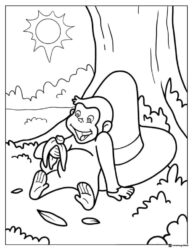 Curious George eating banana by a tree coloring page