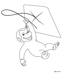 Curious George flying with a kite coloring page