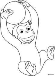 Curious George holding a ball overhead coloring page
