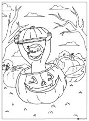 Curious George in pumpkin Halloween coloring page