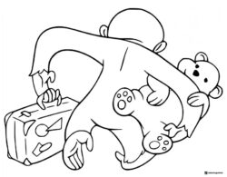 Curious George pulling suitcase and teddy coloring page