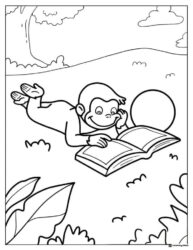 Curious George reading in a field coloring page