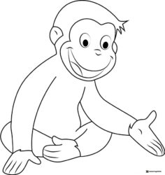 Curious George sitting and smiling coloring page