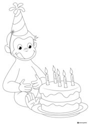 Curious George with birthday cake coloring page