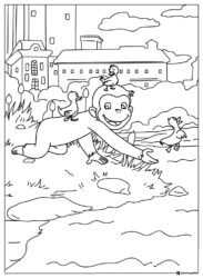 Curious George with ducks by a pond coloring page