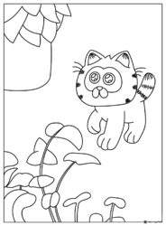 Cute Cartoon Cat Coloring Page in Garden