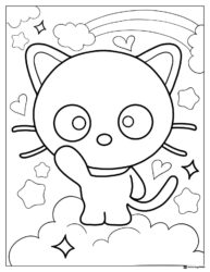 Cute Cat Waving Coloring Page with Rainbow and Stars