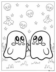 Cute Ghosts and Skulls in Grass Coloring Page