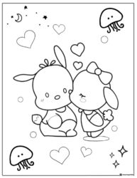 Cute Rabbits Kissing with Hearts Coloring Page 1