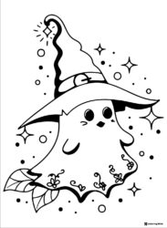 Cute ghost with witch hat and stars coloring page