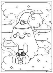 Cute ghost with witch hat holding pumpkin candy bucket