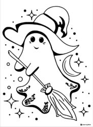 Cute ghost with witch hat on broom coloring page