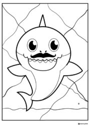 Daddy Shark coloring page with a mustache surrounded by lines