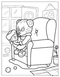 Daniel Tiger hugging a plushie in armchair coloring page