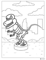 Dinosaur skeleton in city Dr. Seuss style coloring page