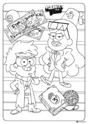 Dipper and Mabel dressed up with money and book