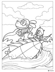 Dog Man and Cat Kid on a rocket coloring page