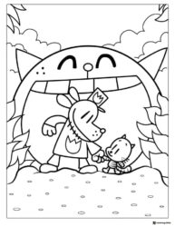 Dog Man and a small cat in front of a giant cat coloring page
