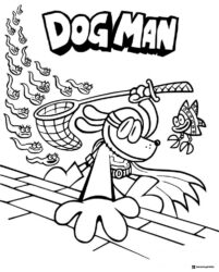 Dog Man superhero catching creatures coloring page