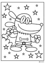 Dog Man superhero with bone and stars coloring page