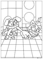 Dogday and Catnap fighting on tiled floor Coloring Page 1